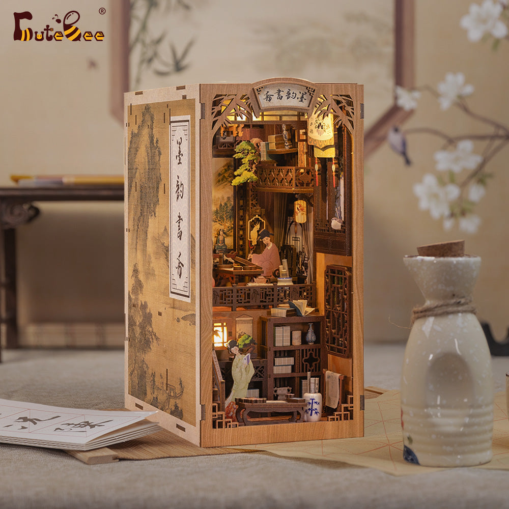 (US Warehouse Only)CUTEBEE DIY Wooden Book Nook Kit Miniature Bookshelf Inserts(Ink Rhyme Bookstore)
