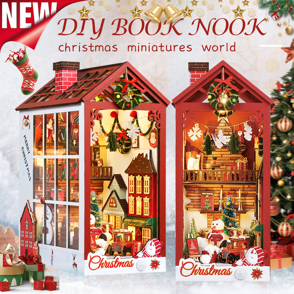 CUTEBEE DIY Wooden Book Nook Kit Bookshelf Inserts (Christmas miniatures  world)