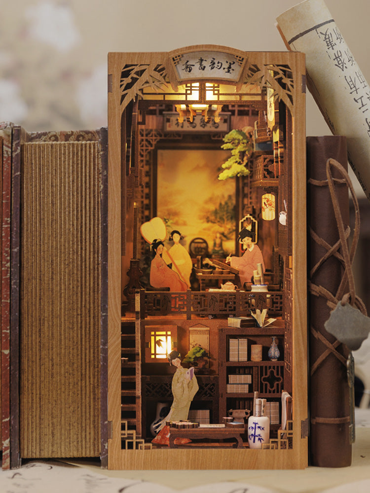 CUTEBEE DIY Wooden Book Nook Kit Miniature Bookshelf Inserts（Ink Rhyme Bookstore）