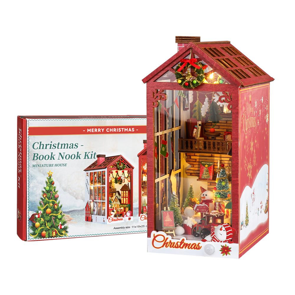 CUTEBEE DIY Wooden Book Nook Kit Bookshelf Inserts (Christmas miniatur